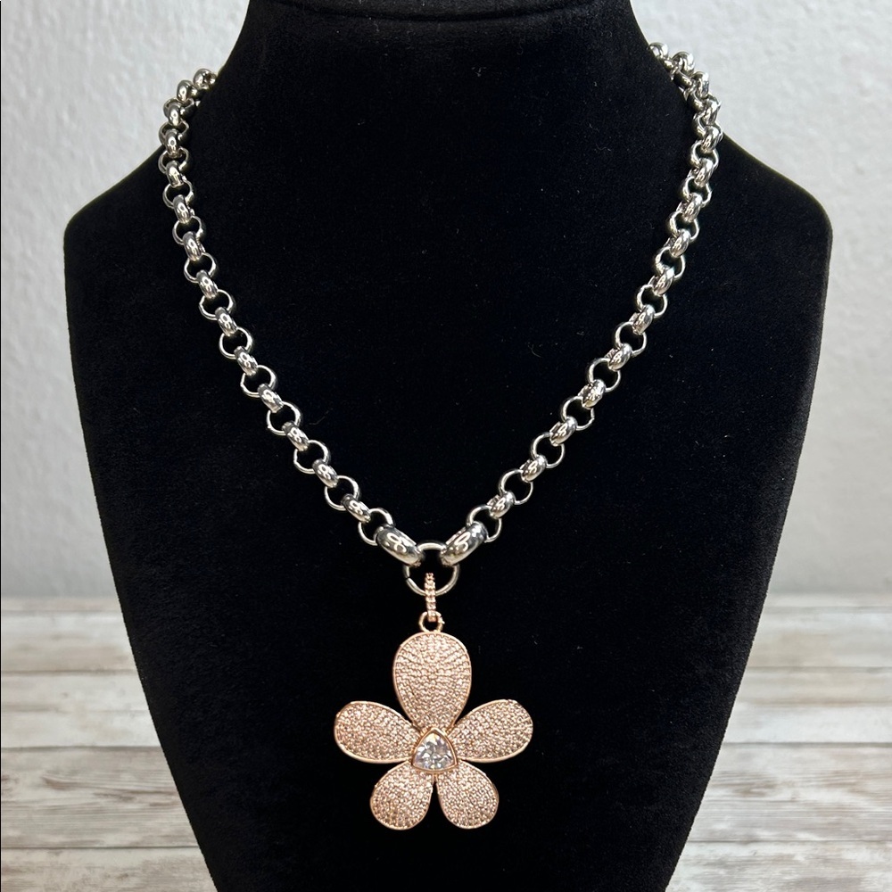 Suzy T Designs Rose Gold Pave Flower Pendant Necklace